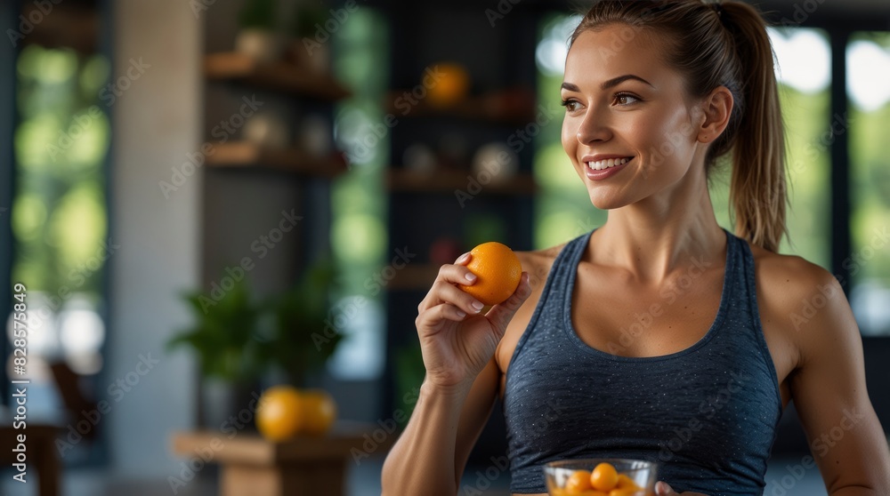 Fit woman replenishes with healthy snack after workout on yoga mat Fit woman replenishes with healthy snack after workout on yoga mat