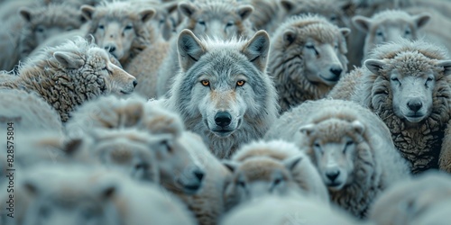 An artistic depiction of a wolf among sheep, symbolizing bravery and cleverness. Suitable for various uses including articles, posters, and digital content.
