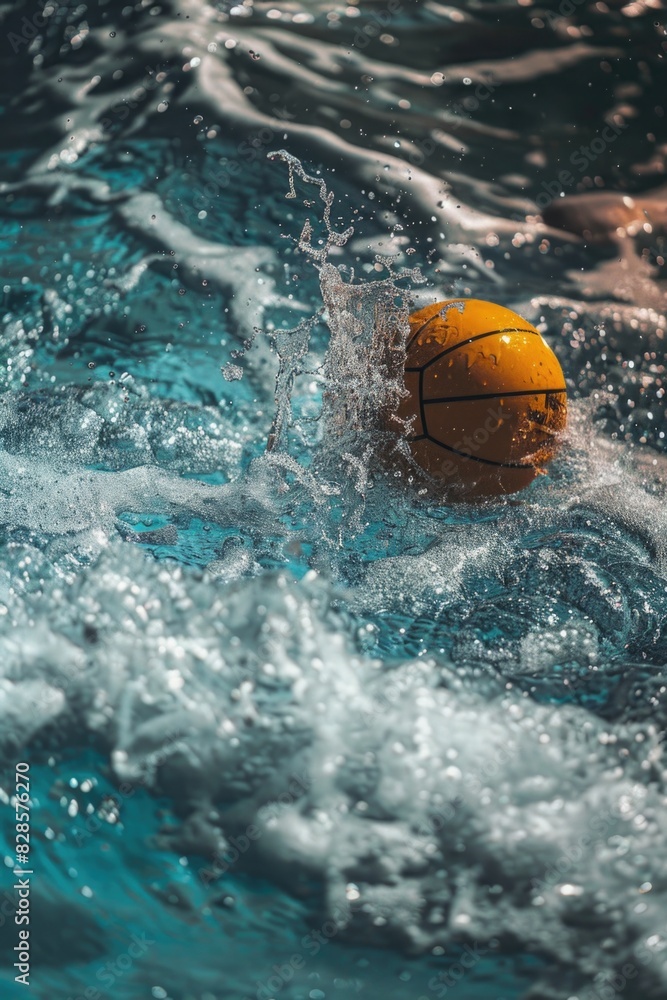 A yellow water polo ball floating in the water. Suitable for sports and recreational concepts A yellow water polo ball floating in the water. Suitable for sports and recreational concepts