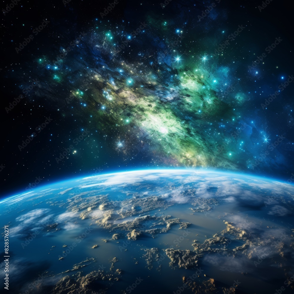 Fototapeta premium Close-up view of Earth floating in the vastness of space, showcasing vibrant blue and green colors against a backdrop of twinkling planets and stars from the galaxy, capturing the cosmic brilliance.