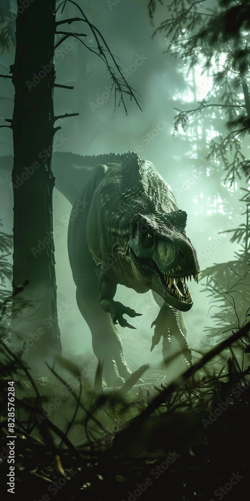 Fototapeta premium Majestic dinosaur in dense forest setting, showcasing the beauty and mystery of prehistoric life. Ideal for nature and history themes.