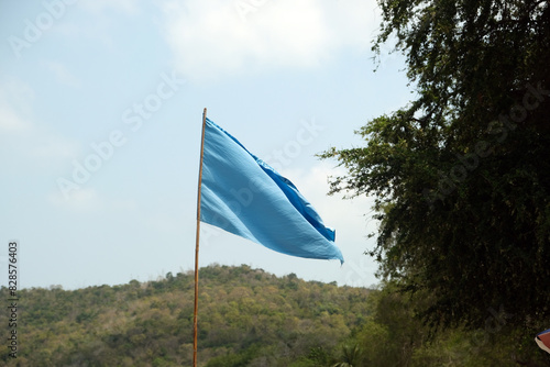blue flag on the seashore