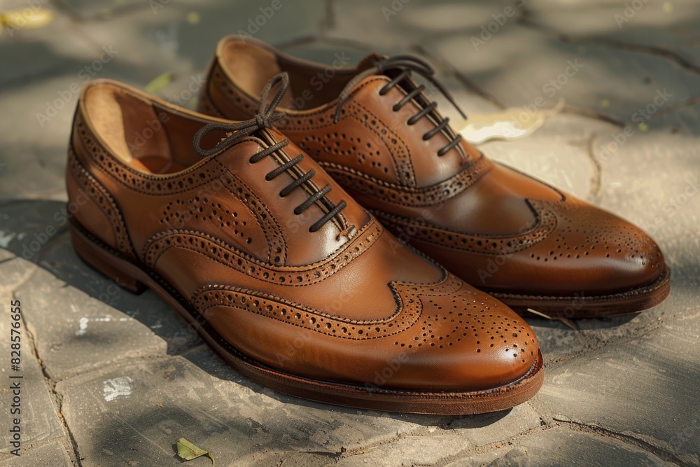 Naklejka premium Pair of brown shoes on sidewalk, suitable for fashion or urban themes