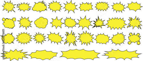 Explosion speech bubble set. Comic style yellow pop art explosion bubbles. Cartoon burst effects, blast shapes for text. Vibrant visual elements for comic book designs © Arafat