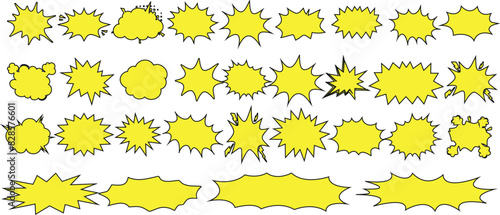 Explosion speech bubble set. Comic style yellow pop art explosion bubbles. Cartoon burst effects, blast shapes for text. Vibrant visual elements for comic book designs