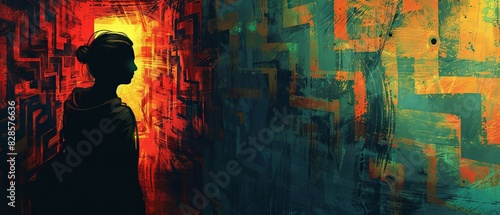 Silhouette of a person standing near a vibrant abstract painted wall, with a glowing light creating a dramatic effect. photo