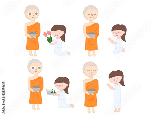 Woman giving alms to monk.Offering alms.Thai buddhism.Happy Vesak Day Budha Purnima.Makha bucha day.Religion and culture.Monk character or temple.Graphic flat design.Cartoon vector illustration.