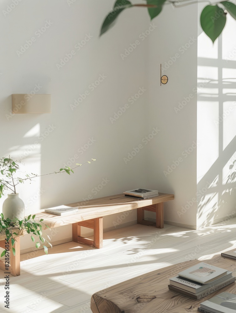 The living room features a Japanese-inspired wooden sofabed, soft beige carpet on the floor, white walls with sun and shade, modern minimalist interior design, plants, a magazine, and a cosy Bohemian The living room features a Japanese-inspired wooden sofabed, soft beige carpet on the floor, white walls with sun and shade, modern minimalist interior design, plants, a magazine, and a cosy Bohemian