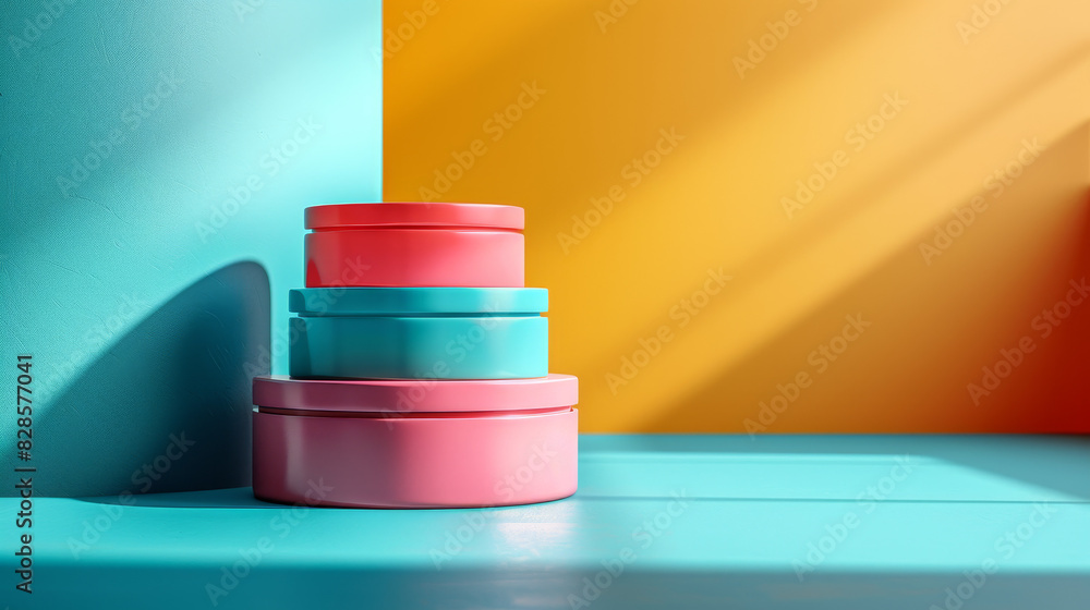 A stack of three boxes with pink and blue colors A stack of three boxes with pink and blue colors