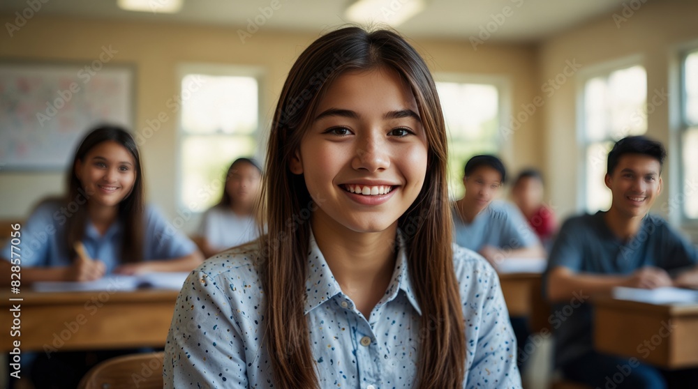 Happy young woman in classroom exam, camera-facing Happy young woman in classroom exam, camera-facing
