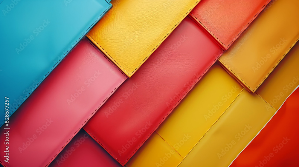 A colorful stack of leather wallets with a red and yellow stripe A colorful stack of leather wallets with a red and yellow stripe