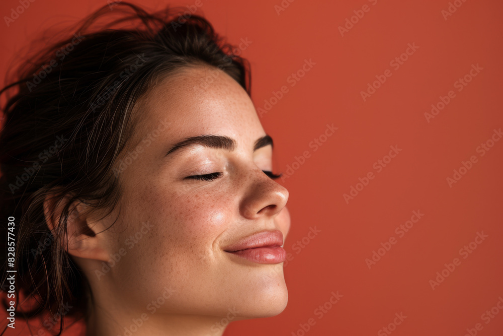 A close up of a woman's face with her eyes closed looking to a side A close up of a woman's face with her eyes closed looking to a side