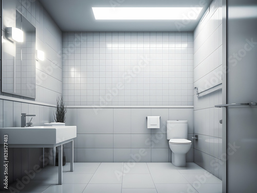 Modern and minimal Bathroom interior design, Modern minimalist bathroom interior, modern bathroom cabinet, white sink, wooden vanity, interior plants, bathroom accessories, bathtub and shower © Akilmazumder