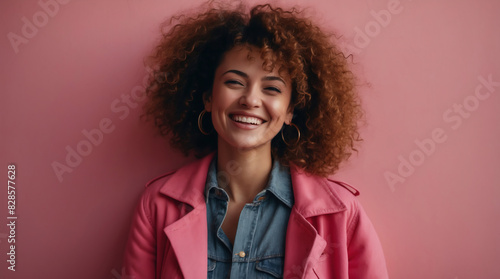 Joyful Woman with Curly Hair in Pink Jacket and Denim Shirt Against Pink Background