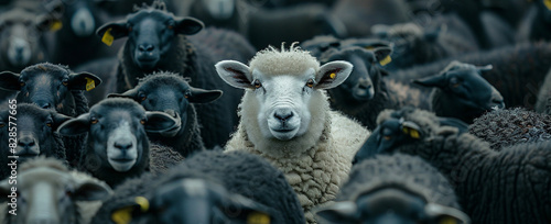 An artistic depiction of a white sheep standing out in a herd of black sheep, symbolizing individuality and bravery. Suitable for various uses including articles, posters, and digital content.