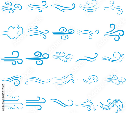 Wind line doodle set. Blue hand drawn wind swirls and gusts. Decorative breeze symbols for weather, nature, and climate designs