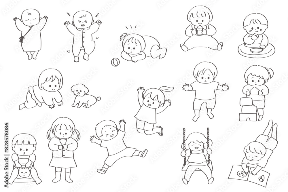 赤ちゃんと幼児の手書きの線画イラストセット 赤ちゃんと幼児の手書きの線画イラストセット
