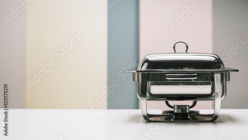 A small silver chafer sitting on a table in front of colorful walls, AI