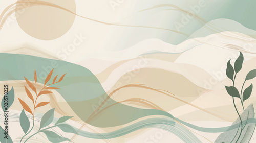 Dynamic Abstract background with a place for text on the topic of global warming, Earth moving in orbit, sun, drought, silhouettes of plants. pastel colors light green, beige