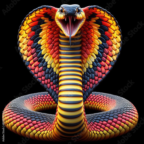 Cobra Power: Striking Snake Illustration - Vibrant Colors & Raised Hood. Hypnotic Gaze and Regal Form. Nature's Beauty. generative AI