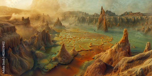 Unique geothermal formations and steaming vents create an alienlike scene in the Dallol depression at sunrise photo