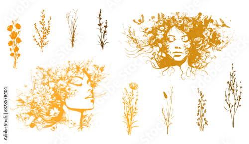 Vector set of line drawings of decorated women's heads with flowers, plants and leaves. Detailed trendy design for natural products, wall art, social media, prints, invitations and branding design.