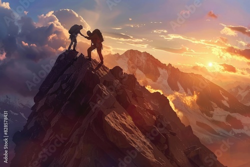 A couple standing on the peak of a mountain. Suitable for travel and adventure concepts