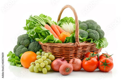 Fresh organic frbroccoli, grocery, lettuce, tomato, vegetable, carrot, ingredient, basket, cabbage, detox, wicker, food, fruit, organic, buy, crop, cut out, full, huits and vegetables in wicker basket