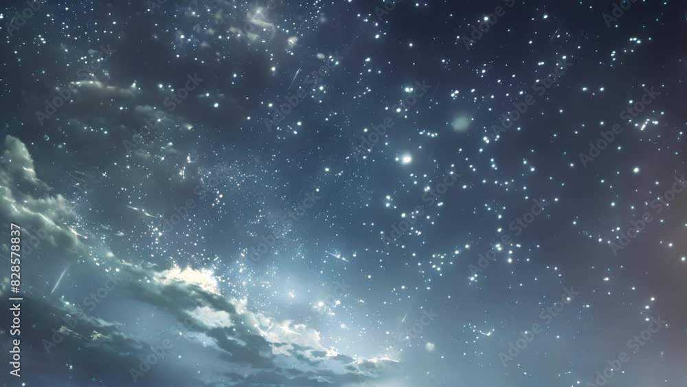 A meteor shower creates bursts of radiance against the backdrop of a velvety sky. A meteor shower creates bursts of radiance against the backdrop of a velvety sky.