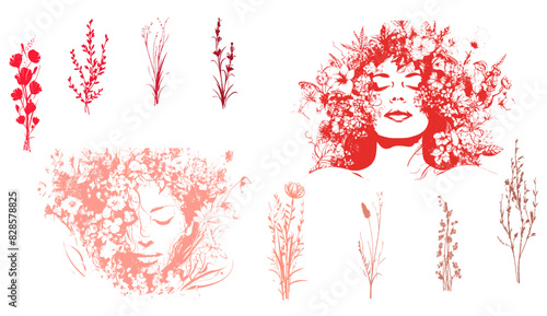 Vector set of line drawings of decorated women's heads with flowers, plants and leaves. Detailed trendy design for natural products, wall art, social media, prints, invitations and branding design.