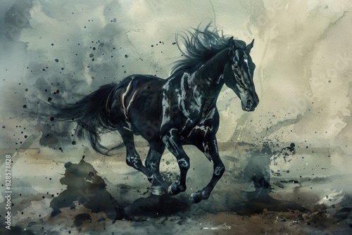 A black horse running in a field, suitable for various projects