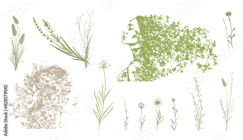 Vector set of line drawings of decorated women's heads with flowers, plants and leaves. Detailed trendy design for natural products, wall art, social media, prints, invitations and branding design.