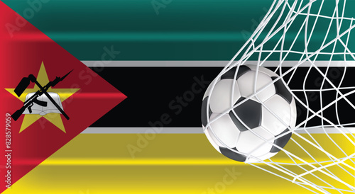 Soccer or Football ball in Goal Net Isolated on Mozambique Shaded Flag, Sports Accessory Equipment for Playing Game, Championship and Competition Design Element Realistic 3D Vector File