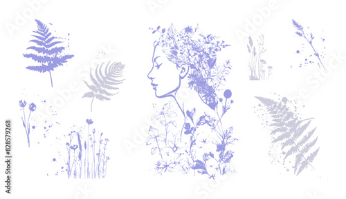 Vector set of line drawings of decorated women's heads with flowers, plants and leaves. Detailed trendy design for natural products, wall art, social media, prints, invitations and branding design.