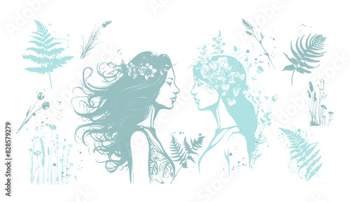 Vector set of line drawings of decorated women's heads with flowers, plants and leaves. Detailed trendy design for natural products, wall art, social media, prints, invitations and branding design.