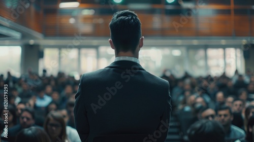 A man in a suit standing in front of a crowd, suitable for business presentations