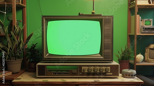 Green screen displayed on a retro TV with a VHS player beneath it on a shelf