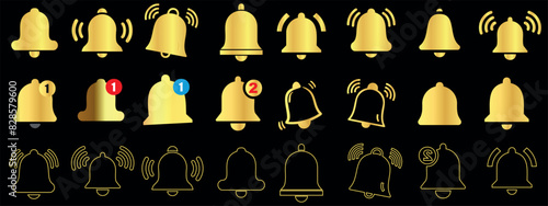 Notification bell icon set. Gold bell vector icons with alerts and sound waves. Modern symbols for notifications, reminders, and alerts in digital interfaces