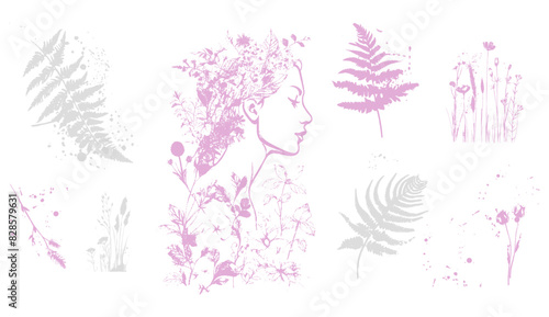 Vector set of line drawings of decorated women's heads with flowers, plants and leaves. Detailed trendy design for natural products, wall art, social media, prints, invitations and branding design.