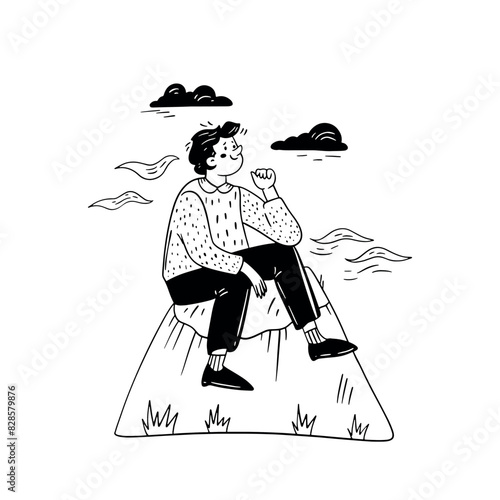 Vector illustration of a businessman who plans his tasks, looks forward with a kind smile. Minimalistic graphics isolated on a white background.eps