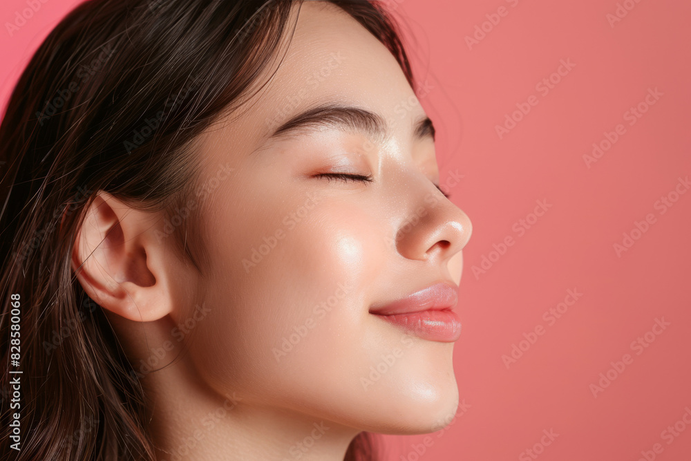 A close up of a woman's face with her eyes closed looking to a side A close up of a woman's face with her eyes closed looking to a side