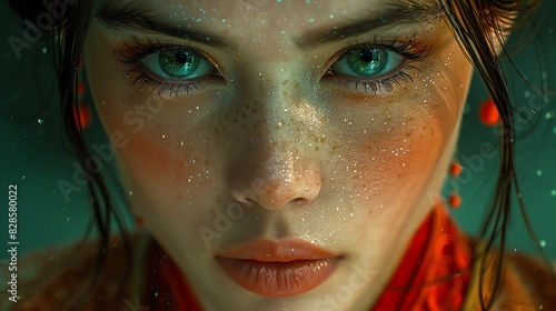 Close-up portrait of a woman with painted face, traditional adornments, and intense gaze. photo