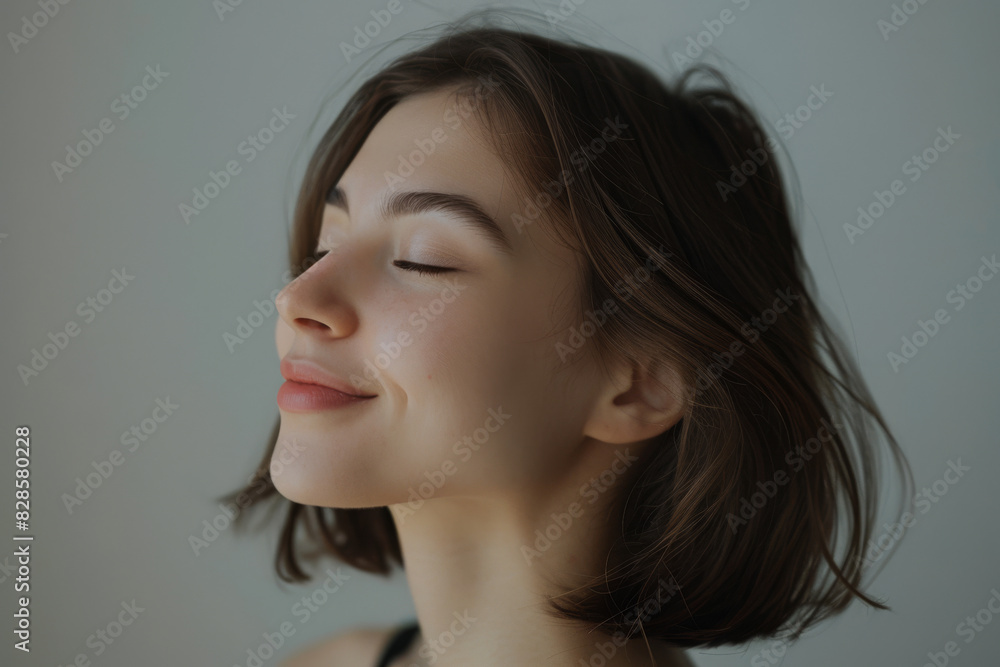 A close up of a woman's face with her eyes closed looking to a side A close up of a woman's face with her eyes closed looking to a side