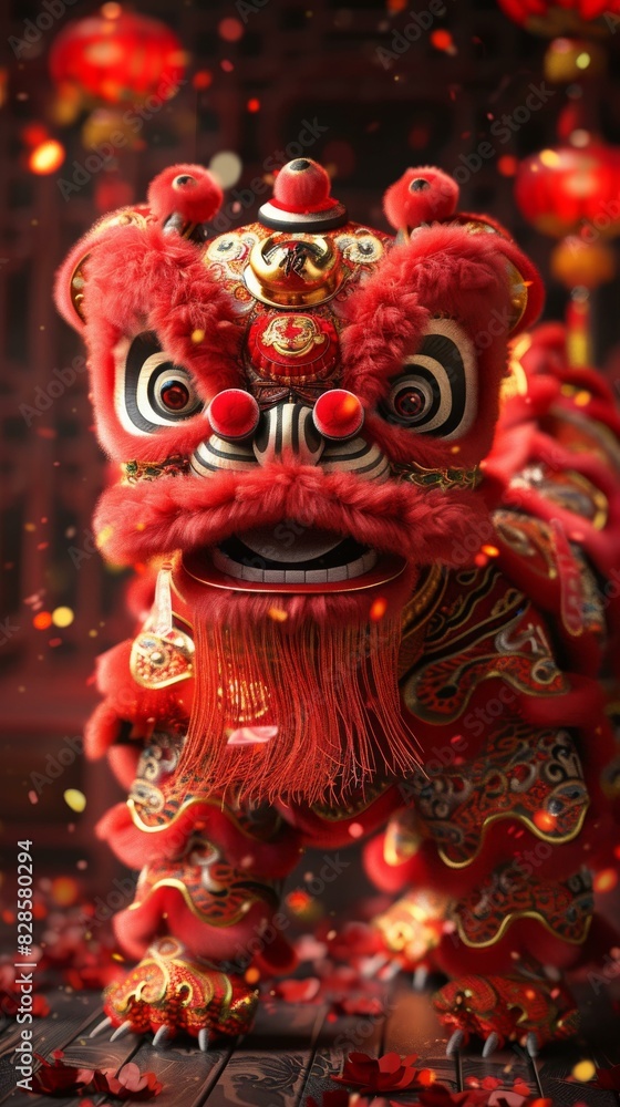 A red and gold lion with a black face is standing on a wooden stage and performing. The stage is surrounded by red cloth, golden tassels and black lanterns, creating a festive atmosphere.