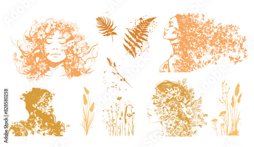 Vector set of line drawings of decorated women's heads with flowers, plants and leaves. Detailed trendy design for natural products, wall art, social media, prints, invitations and branding design.