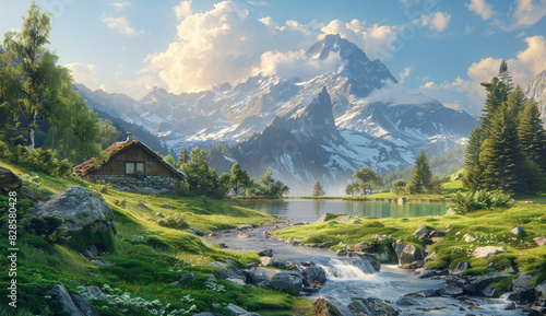 Serenity in nature  cozy mountain cabin beside a tranquil lake and flowing stream