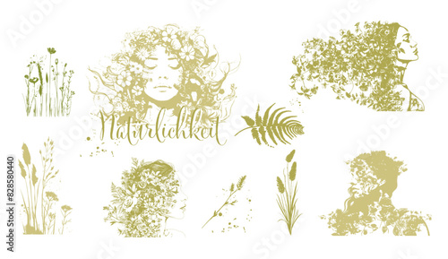 Vector set of line drawings of decorated women's heads with flowers, plants and leaves. Detailed trendy design for natural products, wall art, social media, prints, invitations and branding design.