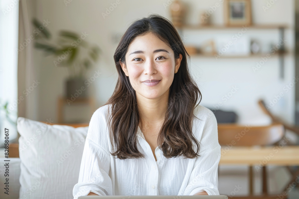 Smiling Japanese woman in her 30s enjoying a relaxed moment at home