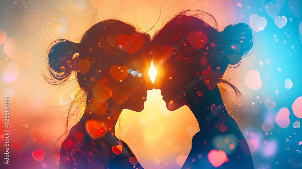 Romantic silhouette of two women embracing, illuminated by a warm sunset and surrounded by colorful heart-shaped bokeh lights. Romantic silhouette of two women embracing, illuminated by a warm sunset and surrounded by colorful heart-shaped bokeh lights.