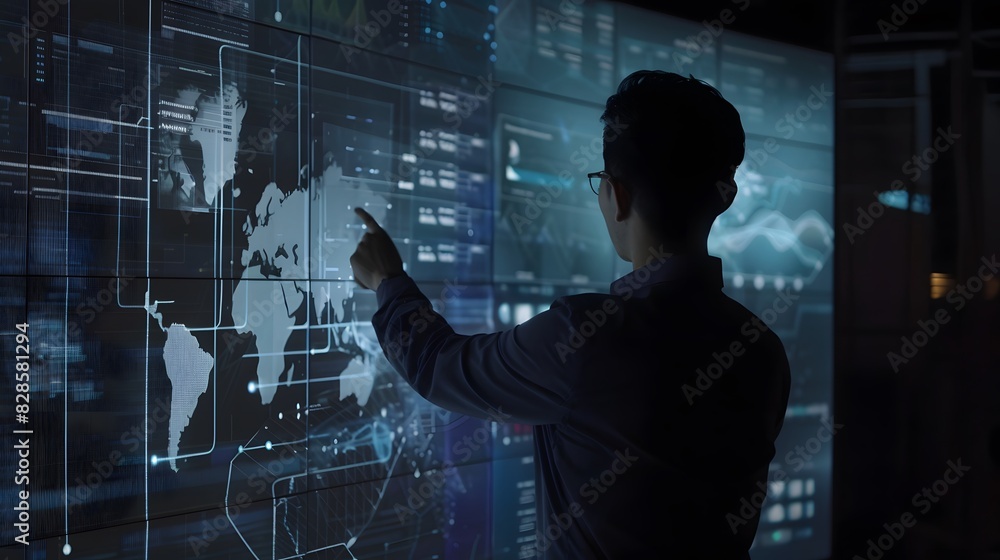 Male professional presenting global financial data on a digital interactive screen during a high-tech business meeting. Male professional presenting global financial data on a digital interactive screen during a high-tech business meeting.